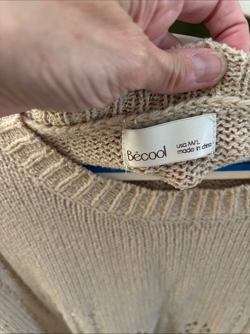 Light Beige Open-Knit Women's Sweater - Soft Crewneck - Picture 3 of 3